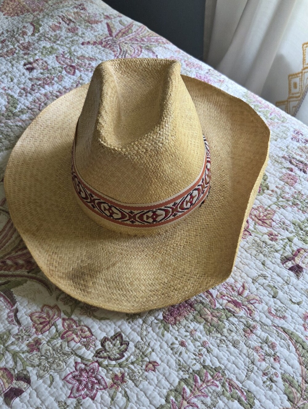 Vintage Par Excellence Straw Cowboy Hat with Decorative Band - Natural Straw